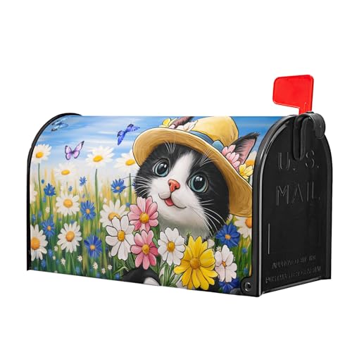 Image of Spring Summer Cat Mailbox Cover Magnetic Large Size 21 inchx25 inch Welcome Spring Daisy Flowers Decorative Mailbox Covers Farmhouse Floral Mailbox Wraps Post Letter Box Cover for Home Courtyard Garden Yard