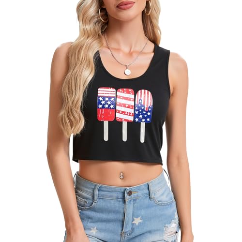 LEACOOLKEY Women's American Flag Crop Tank 4th of July Patriotic Sleeveless Tee Tops