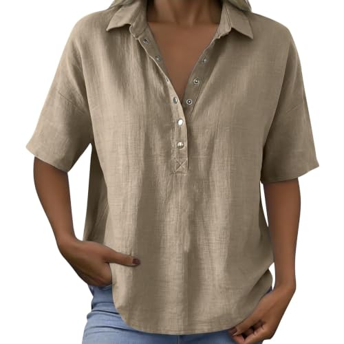 Linen Tops for Women Summer 2026,Short Sleeve Button Down V Neck Womens Casual Loose Fit Gauze Shirts,Breathable Cotton Linen Tops for Beach Vaction Trvael Work Khaki M