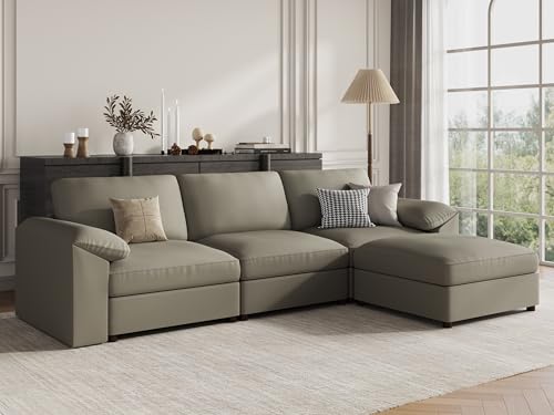 Image of EASE MOOSE Leather Sectional Couch, Oversized Modular Sectional Sofas, Wide Deep Seat Modular Couch, Scratch Resistant Faux Leather Material, L Shaped Sofa for Big Spaces,Light Grey