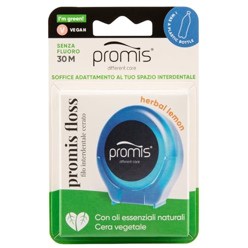 Promis Floss - Filo Interdentale Espandibile Cerato, Adattamento Interdentale Delicato, Testato Clinicamente, Oli Essenziali, Senza Fluoro, 100% Vegano, Riciclato (ocean blue)