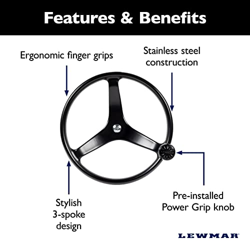 Image of Lewmar Power Grip Boat Steering Wheel with 5 /8 inch Welded Nut - 13.5 inch Diameter, Weather-Resistant Black Cast Stainless Steel, Professional Knob with Ergonomic Finger Grips