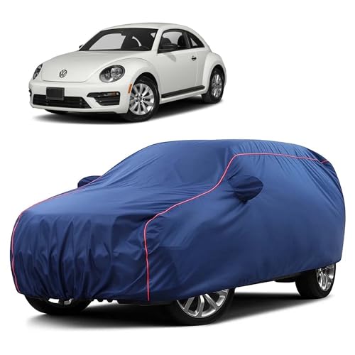 Image of Sulfar 100% Water Resistant Car Body Cover Compatible with Mirror for Volkswagen Beetle (Triple Stitched, Full Bottom Elastic, Blue Taffeta with Red Piping)
