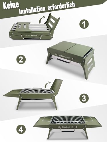 Charmline Tragbarer Holzkohlegrill, Klappbarer Campinggrill 35 x 23 cm für 1–3 Personen, Mini BBQ Grill für Balkon, Garten, Camping, Picknick und Strand, Grün 2