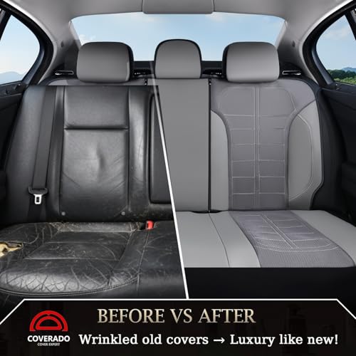 Image of Coverado Leather and Air Mesh Seat Cover, Car Seat Cover Rear Seats, 3D Breathable Seat Protectors Sports Carbon Fiber Design Airbag Compatible Comfort Universal for Most Cars, Van,Trucks, SUV, Grey