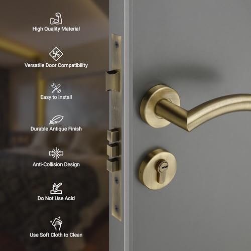Image of LAPO Mortise Door Lock for Home Main Door & Bedroom with Handle - 50x85mm Body - 3 Brass Keys - Heavy-Duty 70mm Cylinder - Left-Right Fit 30-50mm Door Home Office Hotel | Antique Finish | CMH-5T