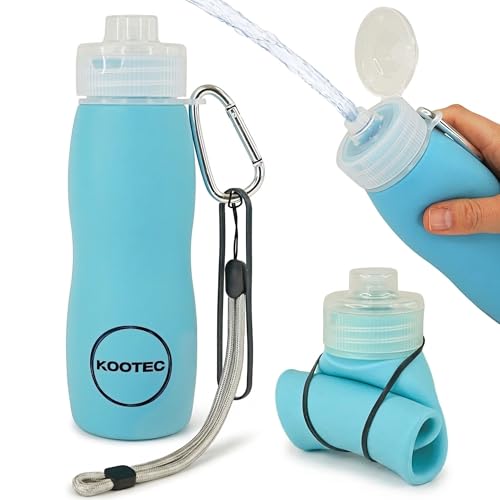 KOOTEC® Botella Pipi Perros Silicona Plegable 400ml + Mosquetón + Goma Elástica + Cinta Ajustable 18cm | Botella Pipi Perros Calle con Chorro a Presión Controlable Antigoteo y Portátil (Azul Oceano)
