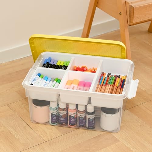 Image of Citylife 17 QT Plastic Storage Box with Building Baseplate Lid and Removable Tray Craft Organizers and Storage Clear Storage Container for Organizing Bead, Tool, Sewing, Yellow-4 Packs