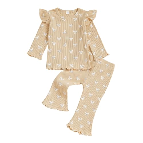 Seyurigaoka Toddler Baby Girl Fall Clothes Bow Print Long Sleeve Ruffle T Shirt Top Flare Pants Two Piece Outfit (Khaki, 18-24 Months)