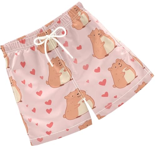 Pigsaly Boys Swim Trunks Lovely Capybara Hearts Pink Boys Board Shorts Swimsuit Swimwear Summer Bathing Suit S
