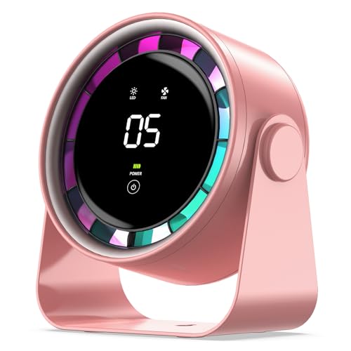 Small Desk Fan, Ultra-Quiet Desktop Air Circulator, Touch Screen Control, Multi-Speed Desktop Fan with LED Light, Quiet Table Fan for Bedroom, USB Rechargeable Small Fan for Desk(Pink)