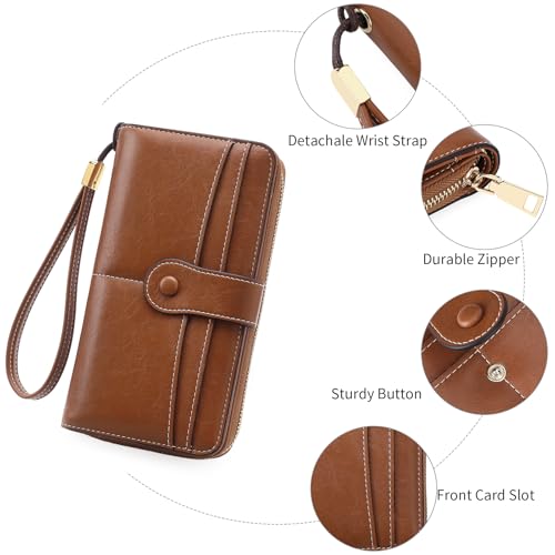 Image of Wristlet Women's Wallet Phone Purse RFID Blocking Large Capacity Card Holder Leather Brown