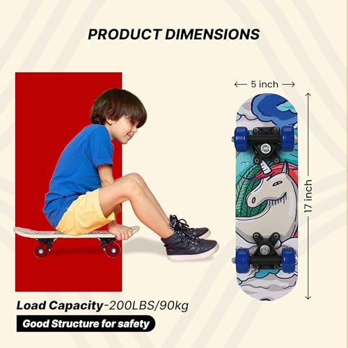 Strauss Kids Skateboard | 17 X 5 Inches Maple Wood Skateboard with PU Wheels for Kids Upto 5 Years | Suitable for Boys and Girls | Ideal for Beginners,Learners and Training Purpose, (White Horse)