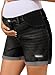 BLENCOT Women's Maternity Mid-Rise Elastic Panel Stretch Ripped Denim Shorts Under Belly Trendy Soft Cuffed Hem Pregnancy Jeans Shorts Black XL