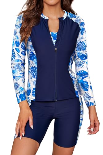 SHEKINI   Conjunto de 3 piezas de tankini para mujer con manga larga, Rash Guard, cremallera, camisa de baño, camisa de surf, chaleco, bikini, bañador, pantalones de baño, traje de baño deportivo y de