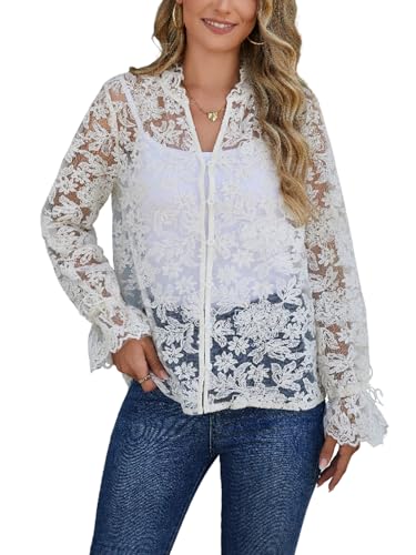 Women‘s Lace Sheer Tops Ruffle Long Sleeve Button Down V-Neck Shirt Blouse for Women Boho Chic - Main Image