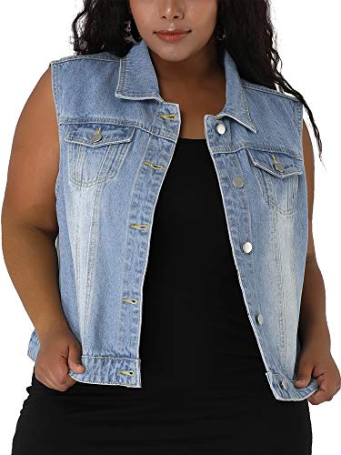 uxcell Denim Vest Top for Women Plus Size Sleeveless Button Down Waistcoat with Two Chest Flap Pockets Jean Jacket Vest2