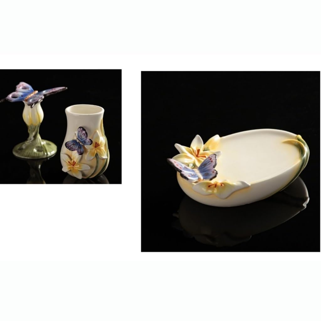 Set da bagno in ceramica con stampa a farfalla, 5 pezzi, dispenser di sapone, portaspazzolino, 2 bicchieri e portasapone Set da bagno