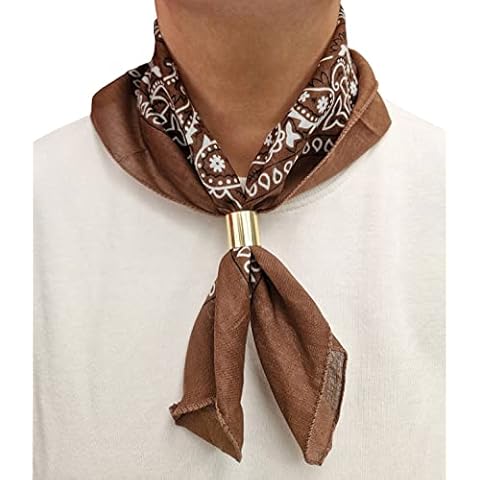 Komonee Tie Neck Ring Loop Clasp Silver Colour With Brown Paisley Bandana Head Scarf Headbands Handkerchief Cowboy Cotton Bib Party Face For Mens Womens Unisex Cover