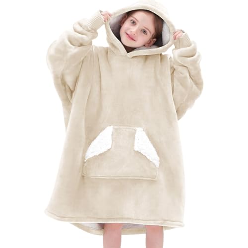 Touchat Wearable Blanket Hoodie, Oversized Sherpa Blanket Sweatshirt with Hood Pocket and Sleeves, Super Soft Warm Plush Hooded Blanket for Kids, One Size Fits All (Beige) by Touchat - Used condition - US$28.49