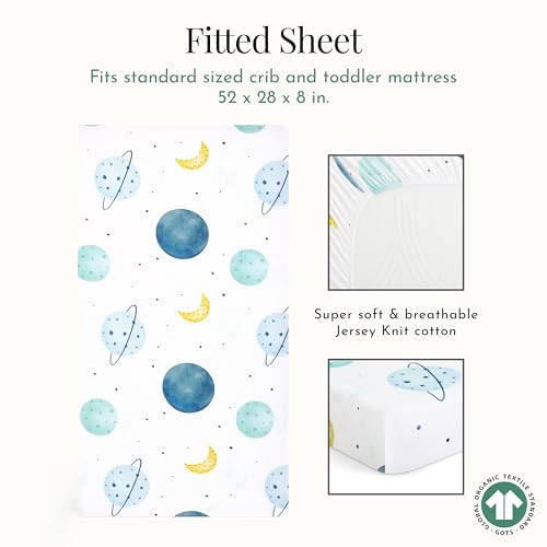 Image of Evolur Space Adventure 3 Piece Crib Bedding Set, Machine Washable, Soft and Breathable Toddler Bedding Set, Includes Fitted Sheet, Wearable Blanket and Crib Skirt