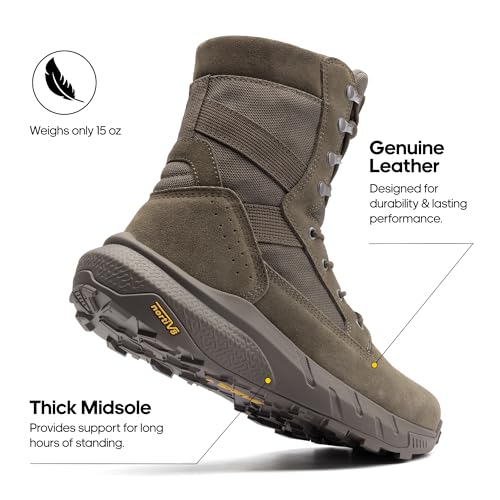 NORTIV 8 Men's Breathable Tactical Military Work Boots Side Zipper Leather Lightweight Hiking Motorcycle Combat Boots 8 Inches Peakforce,Size 7.5,Olive,SNMT242M