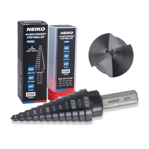 Image of NEIKO 10185B Step Drill Bit, 12 Steps 3 /16 inch to 7 /8 inch Straight M35 Cobalt, AlTiSiN Coated, 3 /8 inch Tri-Flat Step Bits for Steel, Metal, Wood, Plastic, Unibit Cone Drill Bits, Two Flute
