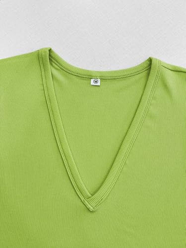 Image of Albe Rita Women Short Sleeve T-Shirt Cap V Neck Shirts for Women Ribbed Casual Top Knit Slim Fit for Summer