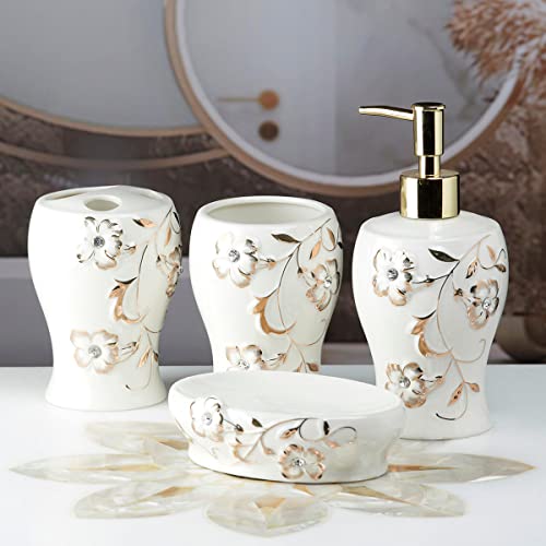 Image of Kookee Ceramic Bathroom Accessories Set - 4 Piece Bath Kit with Soap Dispenser, Toothbrush Holder, Tumbler & Soap Dish - Modern Decor, White /Gold (10094)