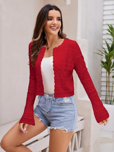 Image of FAIRY SEASON Women's Cropped Cardigan Sweater, Openwork Hollow Knit Shrug | Bell Sleeve, Versatile Outerwear to Match Dresses for Daily Outings, Dinner Dates and Casual Evening Occasions