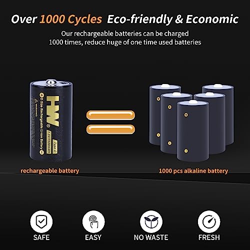 HW Rechargeable D Cell Batteries, Lithium D Battery with 2 in 1USB-C Cable Fast Charger, 2 Pack 7500mWh D, Over 1000 Cycles, Long Lasting Size D Batteries for Flashlight, Camping Light image 4