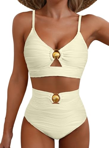 Herseas 2 Piece Bestselling Bikini Set Metal Ring Cutout Swimsuit High Waisted Textured 2025 Summer Beach Bathing Suits