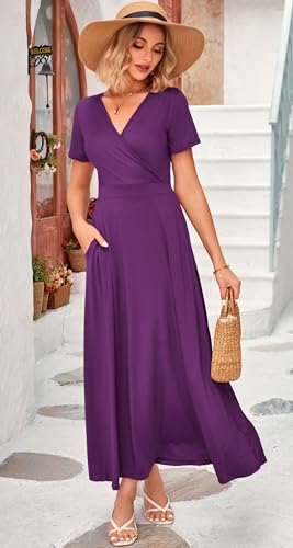 Image of WNEEDU Women's Summer Maxi Dress Short Sleeves Wrap V Neck Long Dresses with Pockets