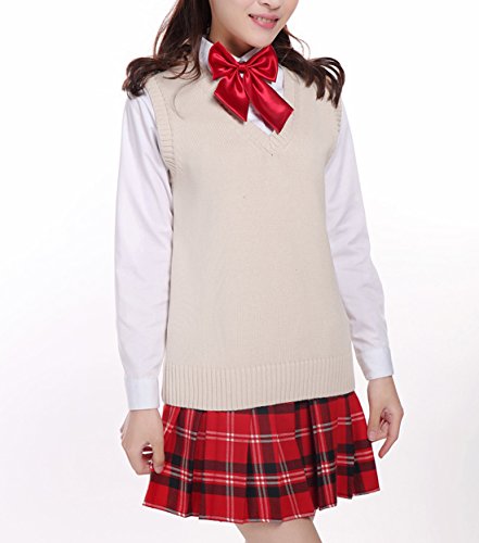 Image of Men Women Knitted Cotton V-Neck Vest JK Uniform Pullover Sleeveless Sweater School Cardigan