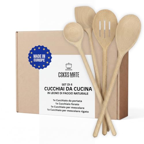 COOKERS MATE - Set 4 Utensili Cucina in Legno di Faggio Fatti a Mano, Non Graffiano - Accessori Cucina Casa e Cucina, Made in Europe - Ideali per Uso Quotidiano e Versatili