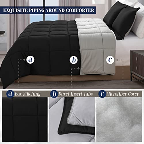 Image of Elegant Comfort 3-Piece Reversible Comforter Set, All Season Cozy, Soft Down Alternative, Quilted - Box Stitched - Duvet Insert with 4 Corner Tabs, Comforter with Shams, Full, Black /Silver