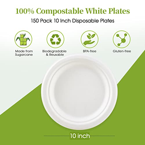 Ecolipak 100% Compostable 10 Inch Paper Plates, 150 Pack Heavy Duty Paper Plates, Disposable Biodegradable Eco-Friendly Sugarcane Bagasse Plates For Dinner Party(White) #TOP1