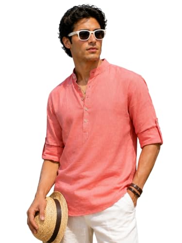 Image of Majestic Man Men's Pure Cotton Solid Mandarin Collar Slim Fit Roll-Up Sleeves Short Kurta Lightweight Summer Kurta for Daily & Occasion Use