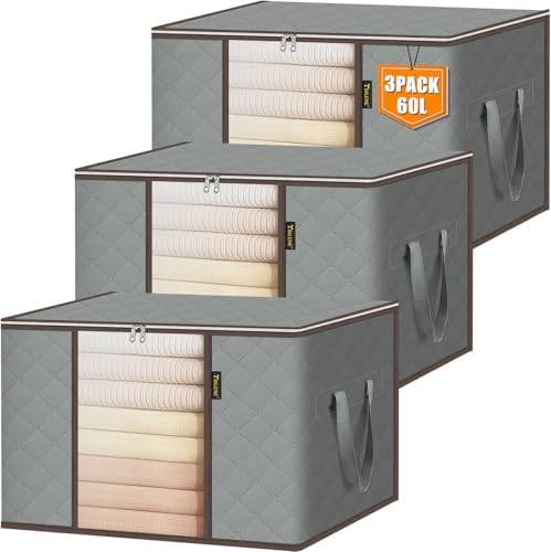 BALEINE 3 Pack Clothes Storage Bags, 16 Gallon Storage Containers with Reinforced Handle, Sturdy Zipper, Closet Organizer for Blanket, Comforter, Pillow, Bedding (Grey, 3 Pack)