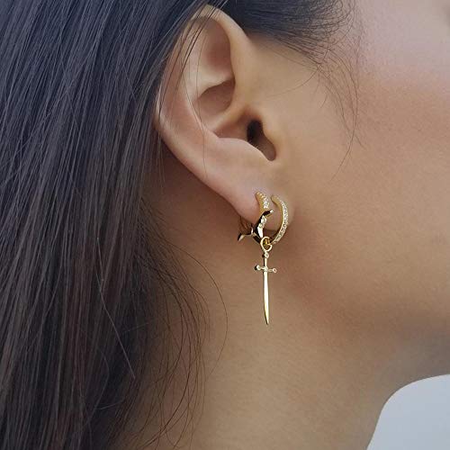 Dagger Hoop Cuff Earrings S925 Sterling Silver Cubic Zirconia Hypoallergenic Cartilage Earrings Huggie Ear Piercing For Women Girls Bff Stylish Jewelry Gift Valentine' S Day (Gold) #TOP3
