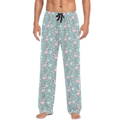 Mens Cotton Pajama Pants Sleep Lounge Pj Bottoms Sleepwear with Pockets Drawstring S Flamingos Santa Hats2