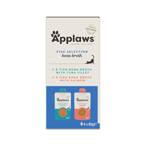 Applaws Natural Fish Bone Broth Selection for Cats Wet Cat Food Soup Supports Joints Digestion and Hydration High in Collagen 4x85g Spout Pouch