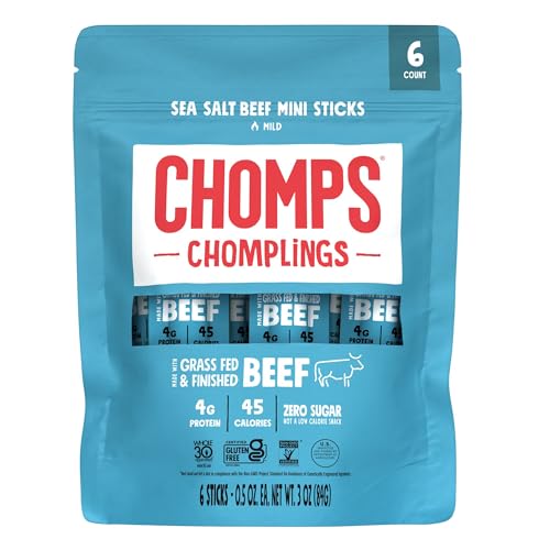 Chomps Mini Grass-Fed and Finished Sea Salt Beef Jerky Snack Sticks 6-Pack - Keto, Paleo, Whole30, 4g Lean Meat Protein, Gluten-Free, Zero Sugar Food, Non-GMO