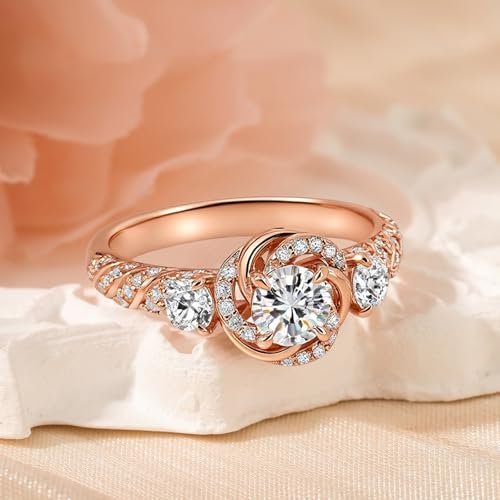 Image of Jeulia Moissanite Engagement Ring for Women | Classic Solitaire Halo Rose Gold Flower Promise Ring | Round Cut Eternity Wedding Band | 925 Sterling Silver Jewelry with Gift Box and GRA Certificate