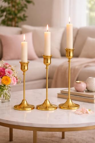 Image of Gold Metal Candle Holders for Table Centerpiece Set of 3 | Brass Finish Taper Candle Stand | Electroplated Alloy Candlestick Holder for Dining, Wedding, Home Decor (Fits 2cm Candles)