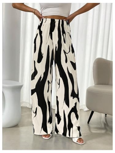 GORGLITTER Women's Gaucho Graphic Pleated Dress Pants Wide Leg Elastic Waist Elegant Trousers3