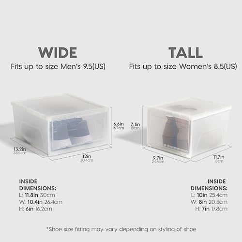 Image of IRIS USA Stackable Shoe Storage Box with Latch Drop Front Door, 6-Pack, for Scarf Game Organizer Container with Ventilation Holes for Closet Under Bed Entryway Storage, Strudy, Wide, Clear