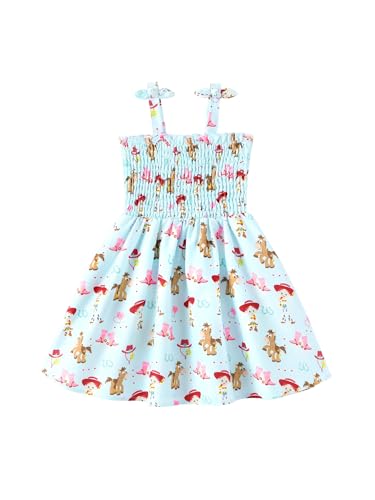 Disney Toy Story Jessie Toddler Girl Dress Light Blue Western Cowgirl Print Bow Tie Straps Smocked Sundress Birthday Park Summer Outfit Clothes 2T