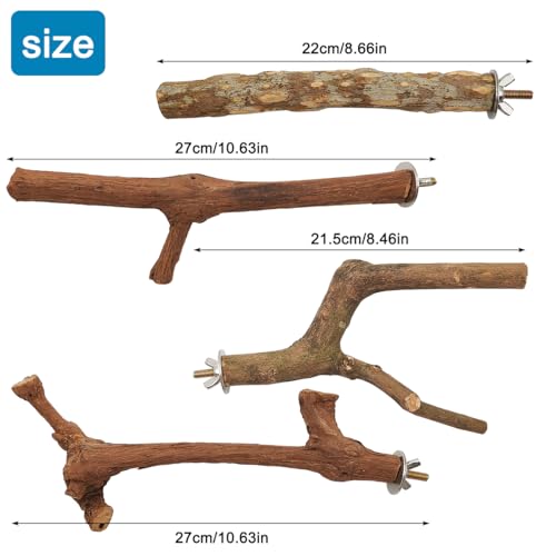 Image of 4 Pcs Natural Wood Bird Perch for Cage Parrot Stand, 2 Grape Wood Perches, A Stand Fork Standing Branch, A Paw Grinding Fork, Training Branches & Fork Toys for Parakeets, Budgies, Finches