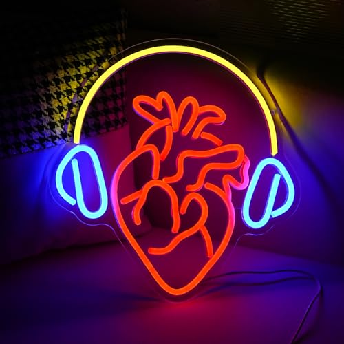 Image of Heartbeat Melody Neon Sign USB Heart LED Signs Headphone Music Neon Light Sign Wall Decor for Bedroom Bar Gifts for Musicians Lovers Gamers
